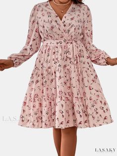 Lasaky - Womens Plus Size Boho Dress: Stylish Ditsy Print Long Sleeve Surplice Neck Smock Dress with Belt Pink Non-stretch Dress For Brunch, Long Sleeve Ditsy Floral Print Dress For Garden Party, Pink Tiered Dress For Fall, Flowy Long Sleeve Mini Dress With Ditsy Floral Print, Pink Tiered Dress With Ditsy Floral Print, Flowy Pink Floral Dress For Fall, Pink Flowy Floral Dress For Fall, Flowy Long Sleeve Dress With Ditsy Floral Print, Pink Ditsy Floral Print Knee-length Dress