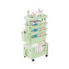 a green cart filled with lots of office supplies