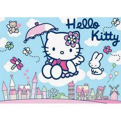 hello kitty is flying in the sky with an umbrella