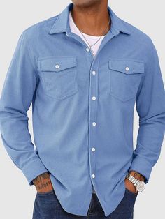 Men's Basics Vintage Washed Pocket Long Sleeve Shirt-Retro Light Blue Shirt With Pockets For Fall, Blue Relaxed Fit Solid Color Shirt, Fall Light Blue Shirt With Pockets, Light Blue Casual Collar Top With Button Closure, Light Blue Tops With Casual Collar And Button Closure, Casual Light Blue Top With Casual Collar, Casual Light Blue Top With Collar, Light Blue Tops With Button Closure And Casual Collar, Light Blue Top With Button Closure And Casual Collar