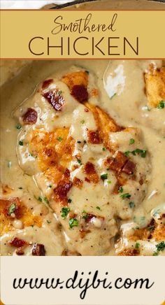 chicken with gravy and bacon in a cream sauce on a plate, next to the words smothered chicken