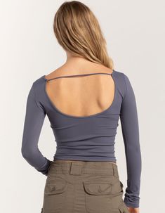 RSQ Womens Seamless Open Back Long Sleeve Tee - DARK BLUE | Tillys Stretch Tops With Built-in Bra For Layering, Athleisure Scoop Neck Top With Seamless Construction, Stretch Elastane Scoop Neck Top, High Stretch Tops With Built-in Bra In Seamless Fabric, High Stretch Scoop Neck Tops For Layering, Fitted Seamless Elastane Crop Top, Seamless Fitted Elastane Crop Top, Seamless Elastane Athleisure Tops, Spring Yoga Tops In Elastane