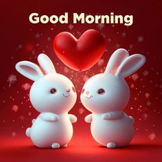 two white rabbits sitting next to each other in front of a red background with the words good morning