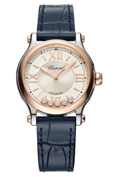 The Happy Sport collection is the emblem of Chopard’s creativity and boldness. Its playful, free-spinning gems,... dancing between two sapphire crystals, have captured the imagination since 1993, when Chopard became the first Maison to combine steel and diamonds. Its watchmaking expertise has enabled Chopard to equip the Happy Sport 33 mm with a mechanical movement featuring an automatic winding mechanism specially developed for feminine cases. Little Diamonds Do Great Things. Chopard Watch, Dancing Diamond, Rose Gold Case, Bracelet Cuir, Breitling Navitimer, Rolex Day Date, Rolex Daytona, Omega Speedmaster, Women's Watch