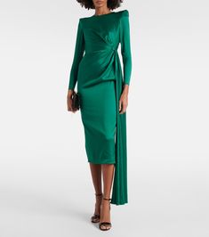 Sleek Satin Ruched Dress, Knee-length Silk Evening Dress, Ruched Silk Midi Dress For Cocktail, Ruched Silk Midi Dress For Cocktail Occasions, Silk Ruched Midi Dress For Cocktail Events, Elegant Green Midi Evening Dress, Elegant Green Evening Midi Dress, Sleek Midi Evening Dress For Party, Sleek Ruched Dresses For Evening