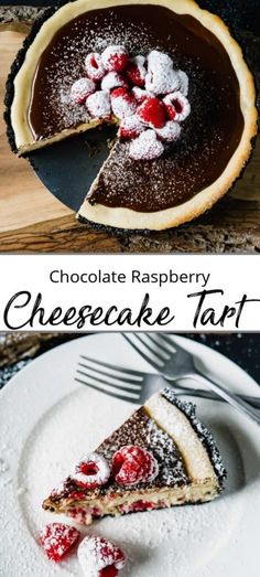 chocolate raspberry cheesecake tart with powdered sugar on top