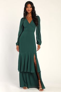 Hunter Green Maxi Dress - Long Sleeve Maxi Dress - Tiered Dress - Lulus Hunter Green Maxi Dress, Lulus Bridesmaid Dresses, Fall Wedding Outfits, Dark Green Bridesmaid Dress, Long Sleeve Bridesmaid Dress, Lulus Maxi Dress, Fall Wedding Guest Dress, Tiered Maxi Skirt, Maxi Dress Prom