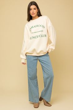 Mamahood Brunch Club Sweatshirt brings cozy comfort and humor for every tired mama. The oversized fit and thick, luxe cotton sweatshirt material make it perfect lounge wear while you juggle your many responsibilities. The embroidered 'Mamahood Brunch Club' front adds just the right touch of laughter to remind you that mom life doesn't have to be taken too seriously, especially on the weekends. "Mamahood Brunch Club, Est. Too tired to remember." 68% Polyester, 32% Cotton Want to view this on the Trendy Cotton Sweats With Cozy Fit, Comfortable Cotton Sweats For Fall, Relaxed Fit Top With Embroidered Logo For Loungewear, Comfortable Letter Print Sweats With Relaxed Fit, Oversized Letter Embroidery Sweatshirt For Winter, Relaxed Fit Sweats With Letter Print, Relaxed Fit Letter Print Comfy Sweats, Oversized French Terry Sweats With Graphic Print, Relaxed Fit Top With Embroidered Logo