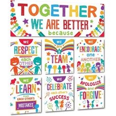 a group of colorful greeting cards with the words together, we are better because we learn to