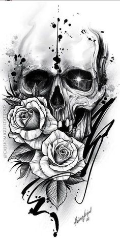 a black and white drawing of a skull with roses