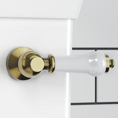 a close up of a door handle on the side of a white and gold door