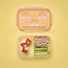 The Rainbows & Sunshine Good Lunch® Bento Box features rainbows and a smiling sun in a soft color palette. Good Lunch® Bento Boxes eliminate the need for plastic bags and keep food separated and simple. Easily pack a three-course meal in one step! Size (inches): 8.50 w x 5.50 l x 2.50 h Design Features: Keeps foods separated in three compartments with high inner walls Avoid spills and keeps food fresh with functional locking-lid Kid-friendly, easy-open lid Lightweight, airtight construction that Three Course Meal, Lunch Bento, Fancy Flamingo, Balloon Company, Smiling Sun, Baby Teether Toys, Baby Bamboo, H Design, Quilted Gifts