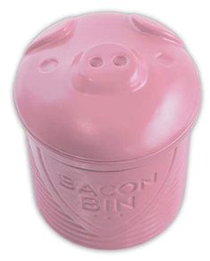 a pink pig shaped plastic container with the word bacon on it's side and two holes at the top