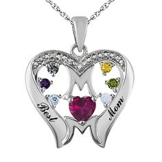 This beautiful heart necklace showcases the mother's heart shape birthstone on the bottom and her family members on top. Engrave the special sentiment on the necklace. Mother's Day Birthday Birthstone Heart Necklace, Mother's Day Heart Necklace With Birthstone For Birthday, Mother's Day Birthstone Heart Necklace For Birthday, Birthstone Heart Necklace For Birthday And Mother's Day, Keepsake Heart Cut Birthstone Jewelry, Heart Cut Birthstone Jewelry For Keepsake, Heart Cut Birthstone Necklace For Keepsake, White Birthstone Heart Necklace For Mother's Day, White Heart Necklace With Birthstone For Mother's Day