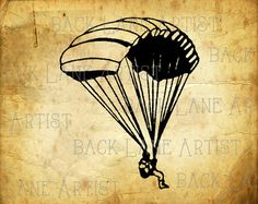 a black and white drawing of a parachute on an old piece of paper