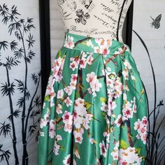 Polyester/ Nylon, Never Worn. Unbranded And No Tags. Lovely Print! Strut Into The Room With This Beauty On And Expect Plenty Of Compliments!!! Elastic Waistand And Zipper Closure Would Mean This Can Accommodate A Size 4 & Size 6. Green Full Skirt For Spring, Green Lined Skirt For Spring, Fitted Green Skirt For Spring, Green Skirt For Spring Garden Party, Spring A-line Skirt For Garden Party, Fitted Green Skirt For Garden Party, Fitted Green Floral Print Skirt, Pink Cherry Blossom, Pink Cherry