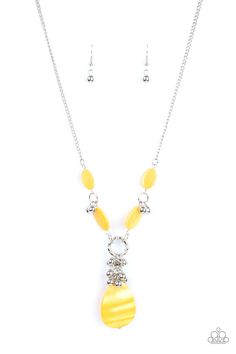 Oval Illuminating shell-like beads link with pairs of dainty silver beads below the collar. A cluster of shiny silver beads and an oversized Illuminating shell-like teardrop swings from the bottom, creating a vibrant summer inspired pendant. Features an adjustable clasp closure.

 Sold as one individual necklace. Includes one pair of matching earrings. Yellow Necklace, Yellow Jewelry, Summer Necklace, Paparazzi Accessories, Paparazzi Jewelry, Short Necklace, Shiny Silver, Necklace Earring Set, Matching Earrings