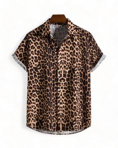 Short Sleeve Leopard Print Festival Shirt Tiger Print Short Sleeve T-shirt For Summer, Short Sleeve Tiger Print T-shirt For Summer, Casual Collared Leopard Print Tops, Casual Fitted Top With Tiger Print, Casual Tiger Print Tops For Spring, Summer Cotton Leopard Print Tops, Trendy All Over Print Summer Shirt, Casual Short Sleeve Leopard Print Top, Leopard Print Relaxed Fit Short Sleeve Tops