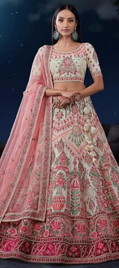 White and Off White color Lehenga in Net fabric with Embroidered, Sequence, Thread, Zircon work White Bollywood Gown With Floral Embroidery, Bollywood Style White Gown With Floral Embroidery, White Floral Embroidered Lehenga In Traditional Drape, White Wedding Sets With Motifs, White Lehenga With Pallu For Ceremony, White Lehenga With Zari Work For Ceremonies, Traditional White Sharara For Ceremony, White Gown With Floral Embroidery For Festive Season, White Traditional Wear For Ceremonies And Festivals