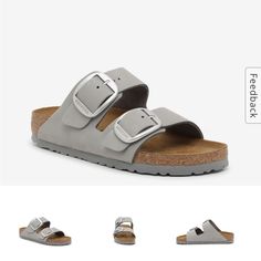 Birkenstock Arizona Big Buckle Sandals In Grey With Silver Buckles. Size 37 Narrow. Nwot. Retails For 160$ Plus Tax Silver Footbed Sandals With Removable Insole And Round Toe, Silver Slip-on Sandals With Leather Footbed, Silver Open Toe Footbed Sandals With Buckle Closure, Silver Footbed Sandals With Round Toe For Summer, Casual Silver Sandals With Leather Footbed, Birkenstock Arizona Big Buckle, Arizona Big Buckle, Shoes Birkenstock, Buckle Sandals