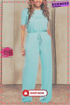 Sky Blue Casual Round Neck Short Sleeve Jumpsuit Light Blue Fitted Jumpsuit With Short Sleeves, Casual Light Blue Short Sleeve Jumpsuits And Rompers, Light Blue Short Sleeve Jumpsuits For Spring, Blue Short Sleeve Jumpsuits And Rompers With Pockets, Light Blue Short Sleeve Jumpsuits And Rompers For Spring, Chic Blue Jumpsuits And Rompers With Pockets, Chic Blue Short Sleeve Jumpsuits And Rompers, Chic Blue Jumpsuits And Rompers For Loungewear, Blue Jumpsuits And Rompers For Spring Loungewear