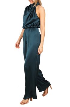 This glamorous satin jumpsuit is designed with soft bodice pleats and a sleek cutaway shoulder. Back keyhole with button-and-loop closure Mock neck Sleeveless Unlined 95% polyester, 5% elastane Hand wash, dry flat Imported Satin Jumpsuit Outfit, Jumpsuit Outfit Winter, Satin Jumpsuit, Jumpsuit Outfit, Floral Jumpsuit, Savannah, Savannah Chat, Mock Neck, Winter Outfits