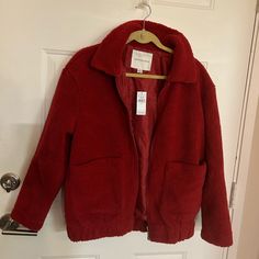 Nwt Red Sherpa Jacket Red Fleece-lined Outerwear For Winter, Red Fleece Jacket With Fleece Lining For Winter, Red Winter Fleece Jacket With Fleece Lining, Cozy Burgundy Winter Outerwear, Red Fleece Jacket For Fall, Cozy Red Outerwear For Fall, Casual Burgundy Winter Outerwear, Burgundy Winter Outerwear For Cold Weather, Red Fall Outerwear With Faux Fur Lining