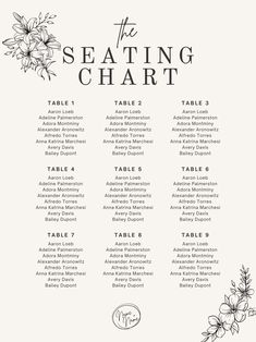 the seating chart for an event with flowers and leaves on it, in black and white