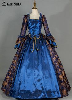 Renaissance Brocade Colonial Antique Blue Floral Victorian Ball Gown Blue Vintage Victorian Dress With Baroque Style, Blue Vintage Victorian Dress In Baroque Style, Blue Baroque Victorian Dress, Blue Baroque Vintage Dress, Blue Vintage Baroque Dress, Vintage Blue Baroque Dress, Blue Baroque Victorian Dress For Costume Party, Blue Victorian Dress With Historical Design, Blue Victorian Dress For Costume Events