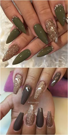 Green And Gold Nails, Different Nails, Acrylic Nails Natural, Nails With Gold, Gold Acrylic Nails, Unghie Nail Art, Gold Nail Designs, Green Nail Designs, Different Nail Designs