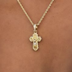 Introducing the Icon Cross Pendant, an 18k Gold Plated statement piece featuring Jesus Christ crucified on the cross. Outlined in an intricate textured border with a hollow detailed center, this piece is one of a kind and pairs perfectly with the 4mm Rope Chain pictured here. This product is guaranteed for life - GLD will repair the item should you experience any defects in craftsmanship or breakage. Specifications - 19mm x 27mm (Width x Height) - Bail Size: Can fit up to 4mm Rope Necklace - Wei Jesus Christ Crucified, Christ Crucified, Brand Stickers, Vermeil Jewelry, Custom Earrings, Rope Necklace, Gold Cross, Pendant Bracelet, Drop Necklace