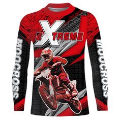 a red and black shirt with the image of a motorcycle rider on it's back