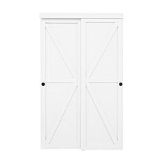 an open white barn door with black hardware on the top and bottom panel, against a white background