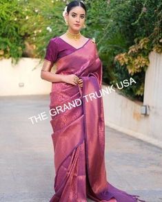 Purple Zari Woven Kanjivaram Silk Saree, Banarasi Silk Saree With Classic Blouse, wedding party wear saree, pattu saree, Indian wedding sari by TheGrandTrunkUSA on Etsy Kanchipuram Silk Saree Wedding, South Saree, Saree Pattu, Saree Indian Wedding, Indian Wedding Sari, Saree Kanchipuram, Classic Blouse, Silk Saree Kanchipuram, Wedding Sari