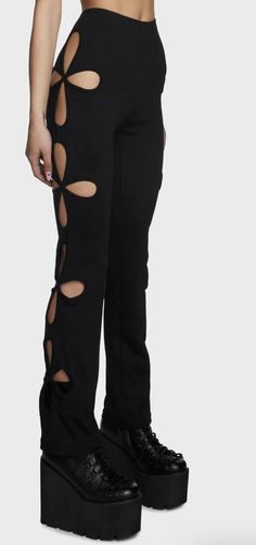 $58.00 Edgy Black Bottoms With Holes, Black Stretch Bottoms With Holes, Fitted Black Bottoms With Cutout Details, Fitted Black Bottoms With Cutout, Fitted Black Cutout Bottoms, Edgy Straight Leg Bottoms With Holes, Edgy Stretch Bottoms With Holes, Trendy Black Bottoms With Split Design, Holographic Accessories