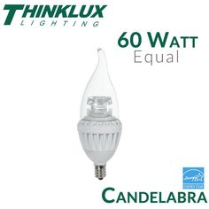 a white light bulb with the words, 60 watt equal candleabra on it