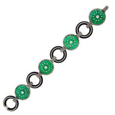 Elegant and understated bracelet created in the 1910s. Tastefully carved jade discs alternate with black onyx circles, all accented with diamonds. Geometrical sharp design. Beautiful color combination and outstanding workmanship! The bracelet is encrusted with four Old European cut diamonds, approximately 0.25 carats each, additional old European cut and single cut diamonds. Diamond total weight is approximately 2.40 carats. The bracelet measures 8.25 x 1 inches (21 c 2.4 cm) and fits up to an 8 inch wrist. Weight 48.8. grams. Art Deco Jewelry Rings, Art Deco Jewelry Vintage, Bracelet Art, Platinum Bracelet, Nouveau Jewelry, Carved Jade, Onyx Jewelry, Chest Piece, Baby Jewelry