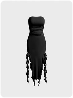 Fitted Midi Strapless Dress With Ruffles, Fitted Midi-length Corset Dress With Ruffles, Fitted Midi Corset Dress With Ruffles, Black Strapless Dress With Ruffles For Summer, Flirty Black Strapless Dress With Ruffles, Black Strapless Dress With Ruffles For Spring, Spring Black Strapless Dress With Ruffles, Balletcore Black, Tube Midi Dress