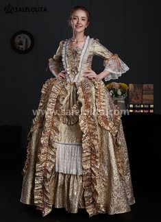 18th Century Rococo Baroque Marie Antoinette Dress     Condition: Brand New   Color:  Gold Floral   Material: This Rococo Marie Antoinette Gown is made of  High Quality Thick Brocade, soft and comfortable to wear   Sleeve Length: Half Sleeve   Dresses Length:Floor-Length   Neckline: Square Collar   Decoration: Ruffles + Lace + Bow   Style: This dress is perfect for civil war,victorian,medieval,regency,renaissance, wedding, cosplay, themed party, photograph, stage performance, etc   Pac Victorian Baroque Dresses For Costume Party, Victorian Baroque Dresses For Theater, Baroque Ruffled Dress For Theater, Elegant Baroque Dresses For Theater, Regency Style Baroque Dress For Costume Party, Baroque Ruffled Dress For Costume Party, Baroque Ruffle Dresses For Costume Party, Rococo Style Ball Gown For Theater, Rococo Ball Gown For Theater