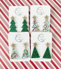 Get into the spirit of the holidays with these cute glitter tree earrings. Each pair of earrings are cut from your choice of green glitter or confetti acrylic, connected to a sparkly gold glitter star, and then attached to the backing of your choice.  Choose between Stainless Steel or 925 Sterling Silver posts.  Please note that colors may appear slightly different due to differences in computer monitor settings. Each pair is handcrafted and slight imperfections may occur. Resin Holiday Earrings, Christmas Resin Earrings Diy, Green Holiday Earrings For Festive Occasions, Green Earrings For Festive Holiday Occasions, Green Earrings For Holiday Parties, Green Glitter Earrings As A Gift, Christmas Party Jewelry With Sparkling Details, Sparkling Jewelry For Christmas Party, Sparkling Christmas Party Jewelry