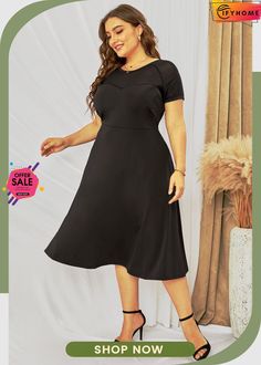 Black Mesh Crew Neck Short Sleeve High Waist Plus Size Midi Dress Black Solid Midi Dress With Short Sleeves, Black Plain Midi Length Dress, Black Midi Dress With Short Sleeves, Black Plain Knee-length Dress, Black Knee-length Plain Dress, Black Short Sleeve Midi Dress, Plus Size Midi Dress, Plus Size Black, Olivia Mark