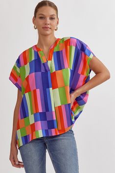 Colorblock Sleeveless Top • Multi Color blocked V-neck sleeveless top featuring placket detail at neckline. Unlined. Woven. Non-sheer. Lightweight. 100%POLYESTER Sleevless Top, Sweet Grace, Colorful Blouses, Cap Sleeve Top, V Neck Blouse, Dress Romper, Summer Top, Sleeve Designs, Cap Sleeves