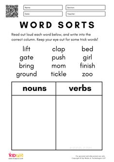 the word sorts worksheet for kids