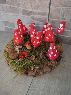 a group of red mushrooms sitting on top of a wooden stump