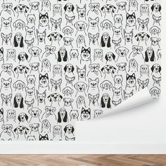 black and white dog wallpaper in an empty room