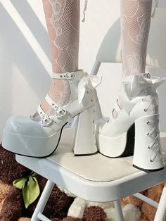 Bow Accents White Platform Lace-up Block High Heel Shoes White Goth Outfit, Painted Canvas Shoes, Cute Shoes Heels, Velvet Boots, White Platform, Kawaii Fashion Outfits, Fancy Shoes, Cute Heels, Gorgeous Shoes