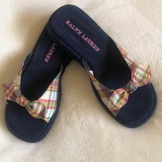 Super Cute Gingham Ralph Lauren Sandals Blue Suede With Pink Lettering And Denim Sides Multi Colored Gingham Bows Size 5 Pf/Sf Home Casual Sandals For Spring Picnic, Casual Open Toe Sandals For Picnic, Casual Spring Picnic Sandals, Casual Round Toe Sandals For Picnic, Spring Fabric Slippers With Round Toe, Casual Fabric Slippers For Spring, Blue Fabric Sandals With Round Toe, Blue Fabric Round Toe Sandals, Casual Fabric Sandals With Round Toe