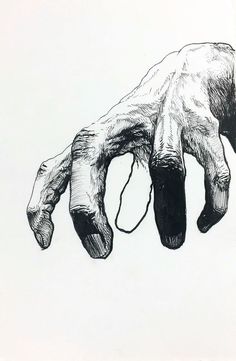 a black and white drawing of a person's hand with no nails on it