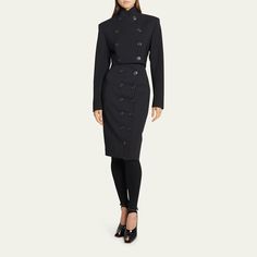 ALAIA hourglass pencil skirt features two-row button front  High rise  Hem hits around the knee Knee length  Pencil style Virgin wool Made in Italy Fitted Skirt Suit With Button Closure For Work, Fitted Skirt Suit With Buttons For Office, Elegant Business Skirt Suit With Button Closure, Elegant Skirt Suit With Button Closure For Work, Elegant Knee-length Skirt With Buttons, Elegant Knee-length Buttoned Skirt, Fitted Skirt With Snap Buttons For Fall, Elegant Button-up Office Skirt, Office Pencil Skirt With Button Closure