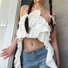 Home · KOSMUI · Online Store Powered by Storenvy Ruffle Halter Top, Flower Outfits, Chest Binder, Flower Crop Top, Striped Cami Tops, Halter Pattern, Yoga Wear Women, Skate Girl, Ruffle Flower